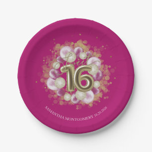 Gold Foil Sweet 16 Bday Balloons Party Hot Pink Paper Plate