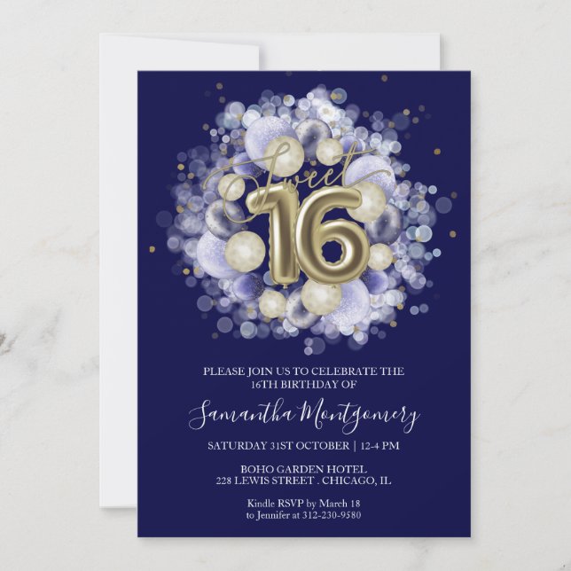 Gold Foil Sweet 16 Bday Balloons Party Royal Blue Invitation (Front)