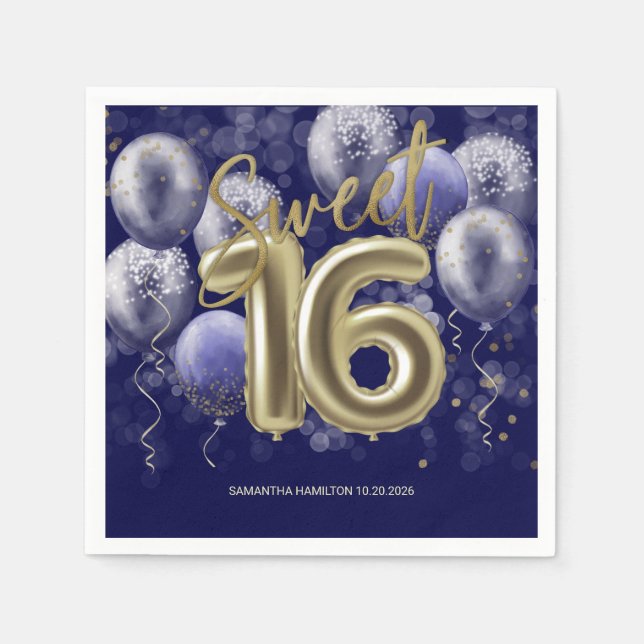 Gold Foil Sweet 16 Bday Balloons Party Royal Blue Napkin (Front)