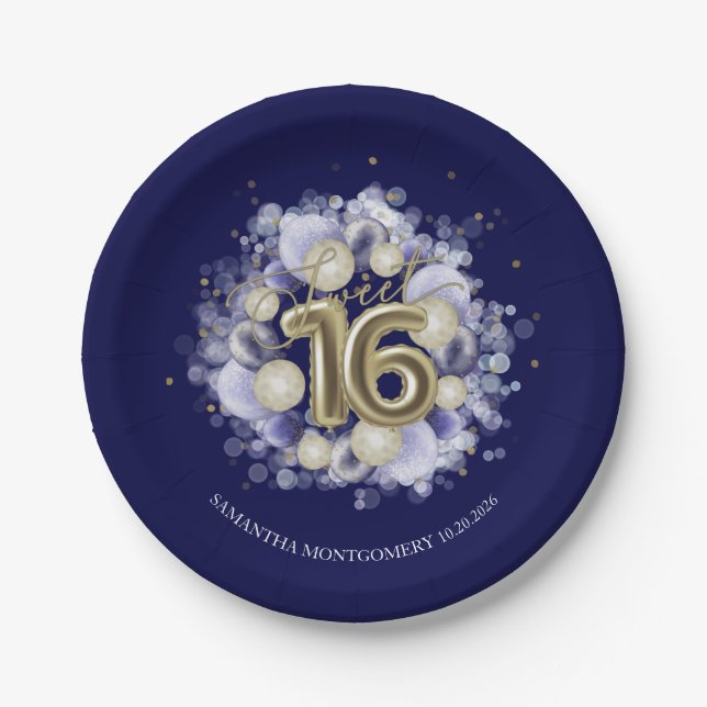 Gold Foil Sweet 16 Bday Balloons Party Royal Blue Paper Plate (Front)