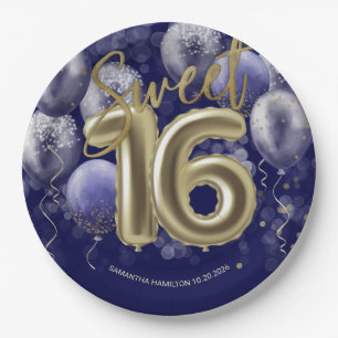 Gold Foil Sweet 16 Bday Balloons Party Royal Blue Paper Plate
