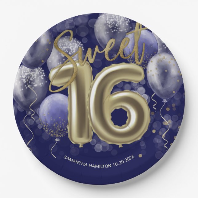 Gold Foil Sweet 16 Bday Balloons Party Royal Blue Paper Plate (Front)