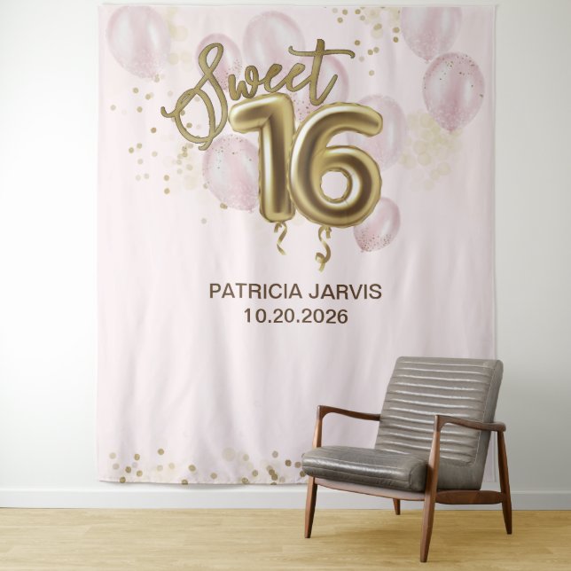 Gold Foil Sweet 16 Bday Balloons Pink Backdrops Tapestry (In Situ)