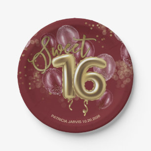 Gold Foil Sweet 16 Birthday Balloons Burgundy Paper Plate