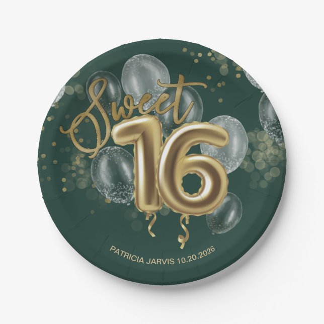 Gold Foil Sweet 16 Birthday Balloons Emerald Green Paper Plate (Front)