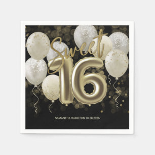 Gold Foil Sweet 16 Birthday Balloons Party Black Napkin