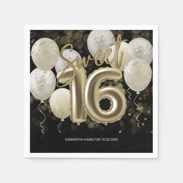 Gold Foil Sweet 16 Birthday Balloons Party Black Napkin (Front)