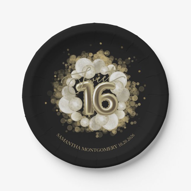 Gold Foil Sweet 16 Birthday Balloons Party Black Paper Plate (Front)