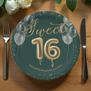 Gold Foil Sweet 16 Birthday Balloons Party Green Paper Plate