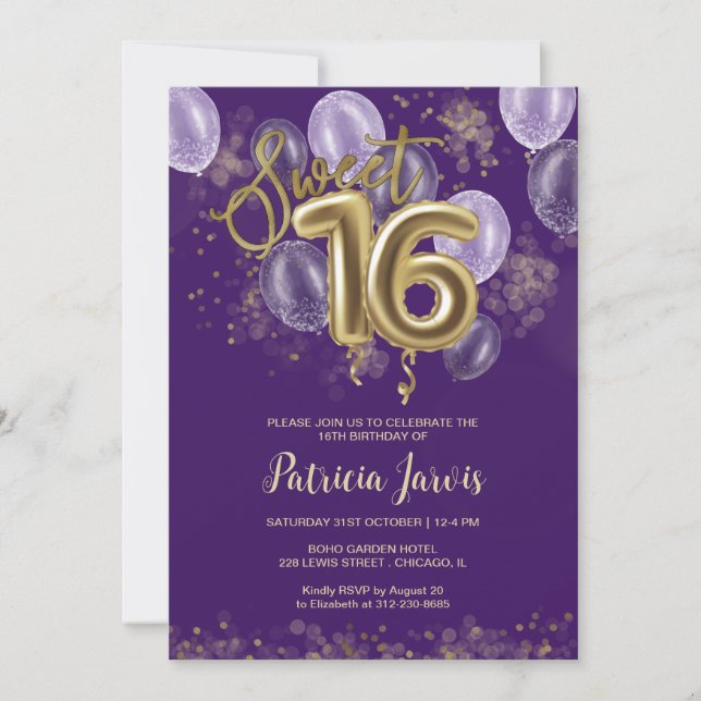 Gold Foil Sweet 16 Birthday Balloons Party Purple Invitation (Front)
