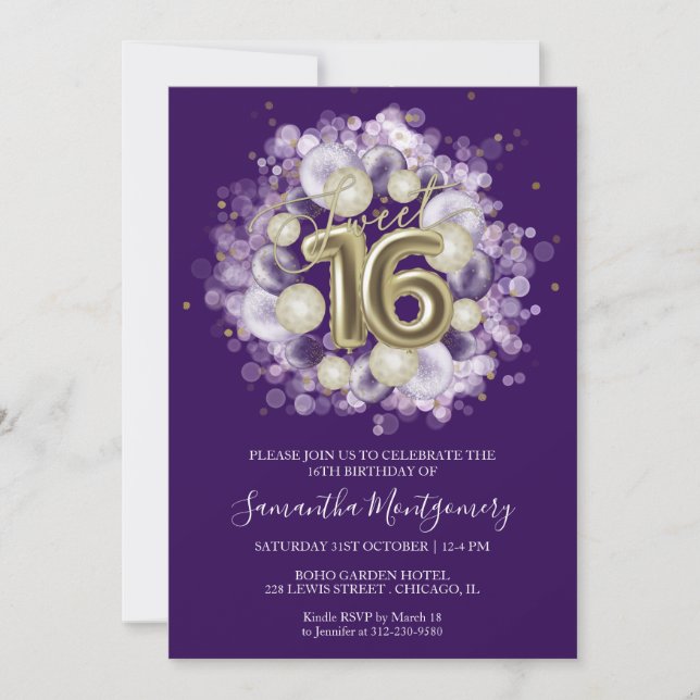 Gold Foil Sweet 16 Birthday Balloons Party Purple Invitation (Front)