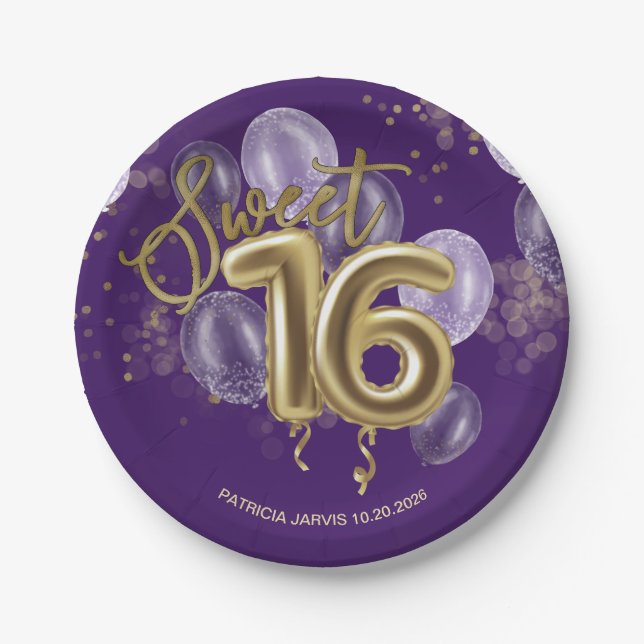 Gold Foil Sweet 16 Birthday Balloons Party Purple Paper Plate (Front)