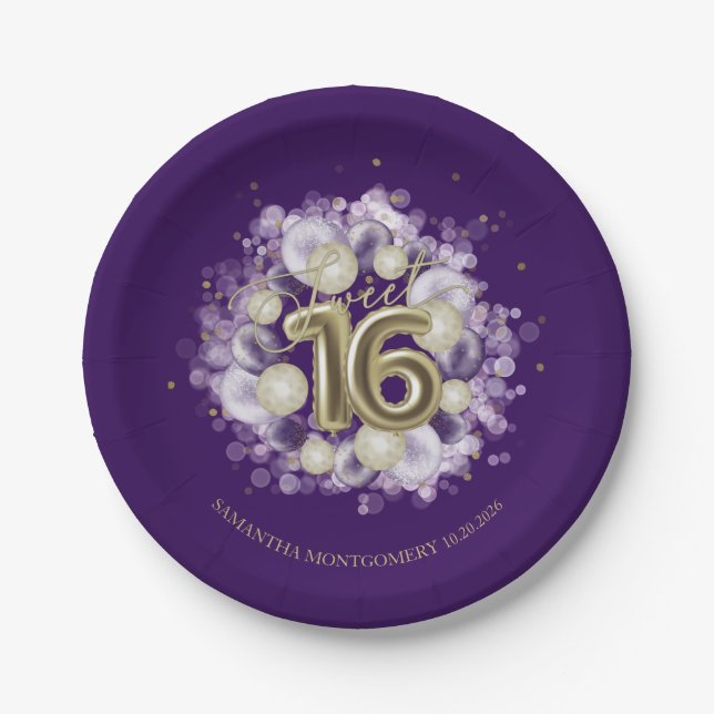 Gold Foil Sweet 16 Birthday Balloons Party Purple Paper Plate (Front)