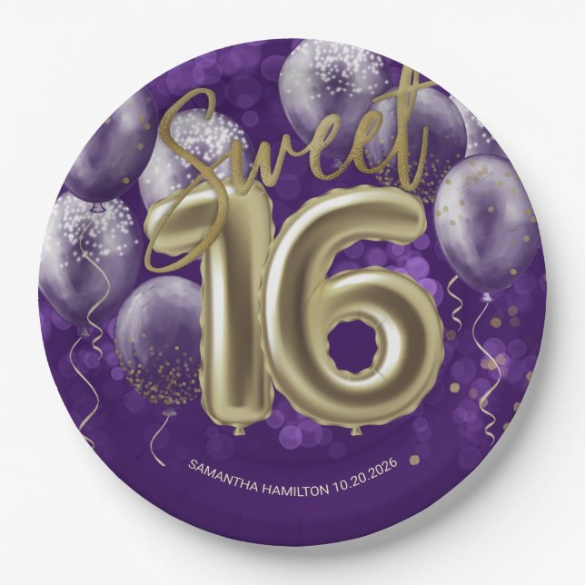 Gold Foil Sweet 16 Birthday Balloons Party Purple Paper Plate (Front)