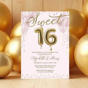 Gold Foil Sweet 16 Birthday Balloons Pink Invitation