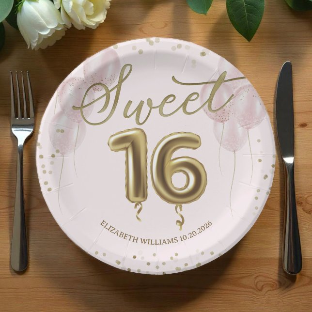 Gold Foil Sweet 16 Birthday Balloons Pink Paper Plate (Creator Uploaded)