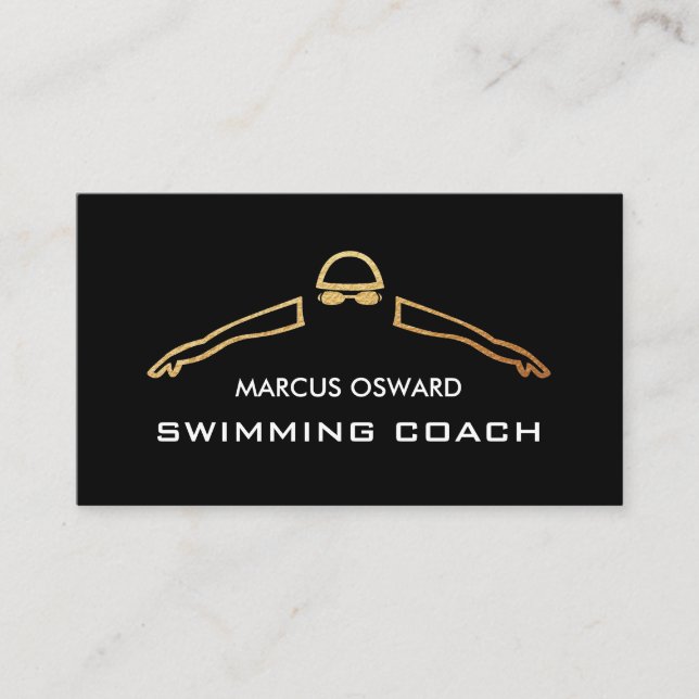 Gold Foil Swimmer Icon, Swimming Coach & Lifeguard Business Card (Front)