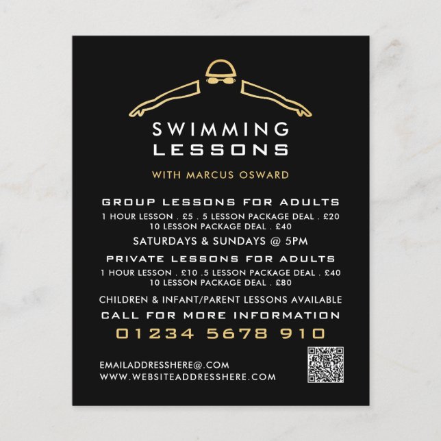 Gold Foil Swimmer Icon, Swimming Lesson Advert Flyer (Front)