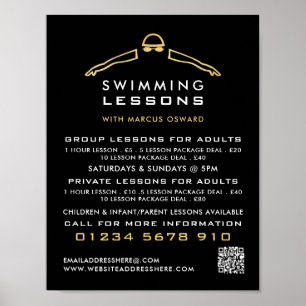 Gold Foil Swimmer Icon, Swimming Lesson Advert Poster