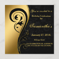 Gold foil, swirls, black damask, 50th Birthday