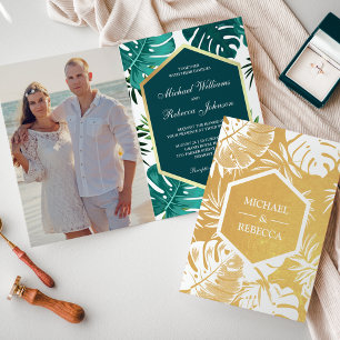 Gold Foil Teal Green Monstera Wedding Invitation