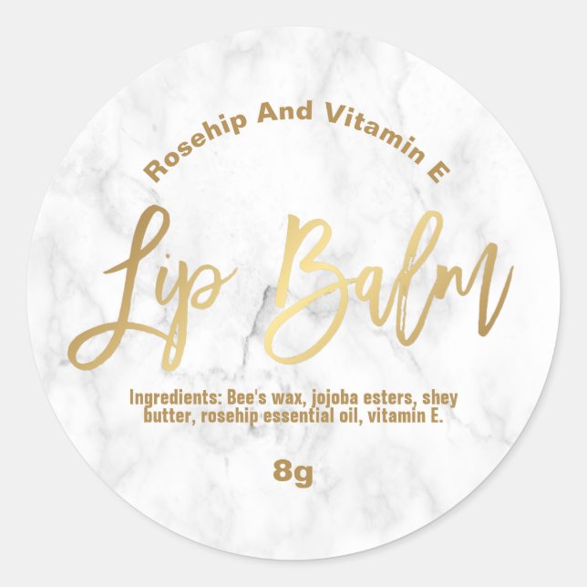 Gold Foil Text On Marble Lip Balm Labels (Front)