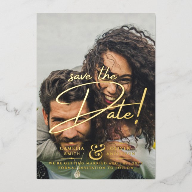 GOLD FOIL Text Photo Overlay Wood Save the Date (Front)