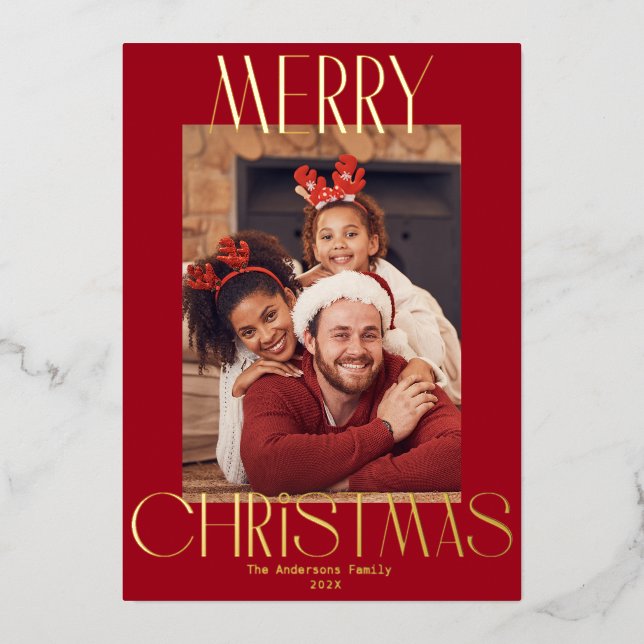 Gold Foil Text Red Merry Christmas Card (Front)