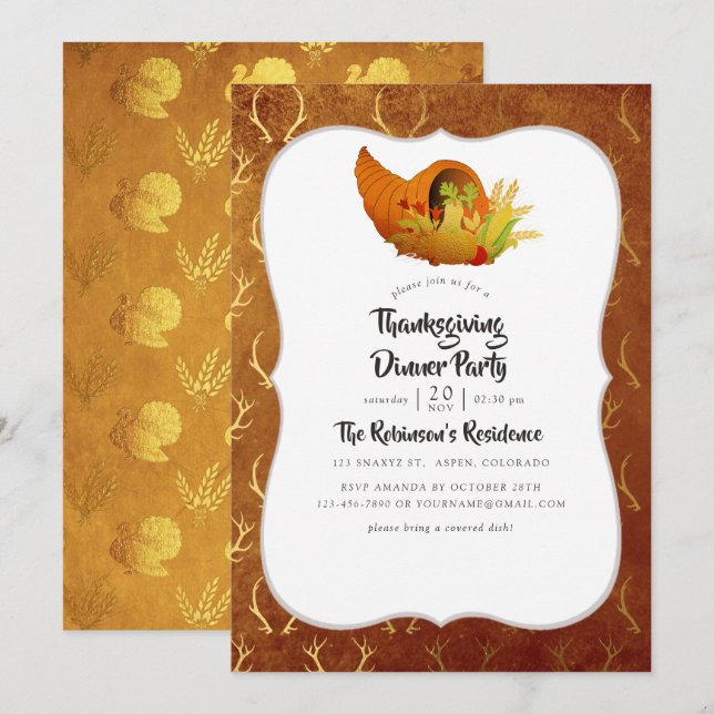 Gold Foil Thanksgiving Dinner/Feast Invitation (Front/Back)