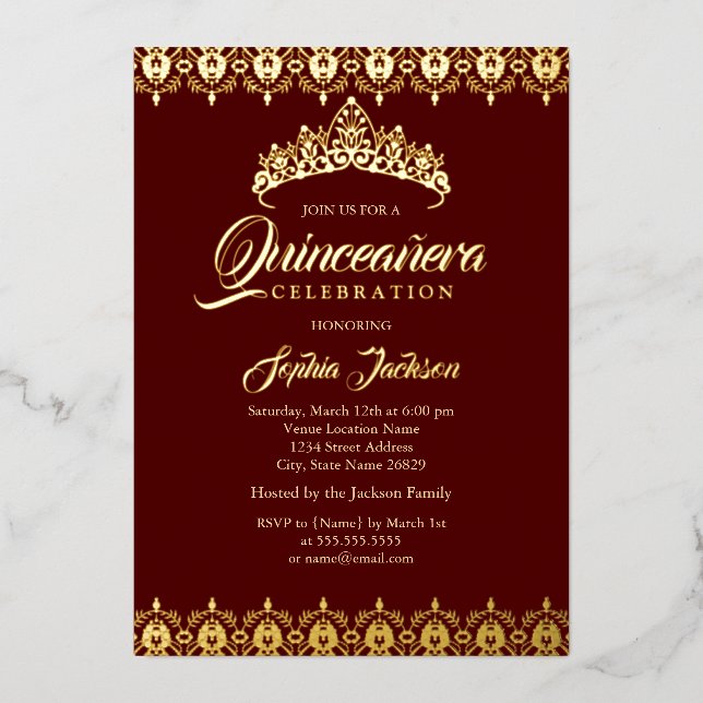 Gold foil Tiara Burgundy Quinceanera (Front)