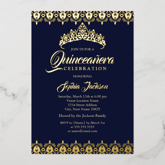 Gold foil Tiara Navy Quinceanera (Front)