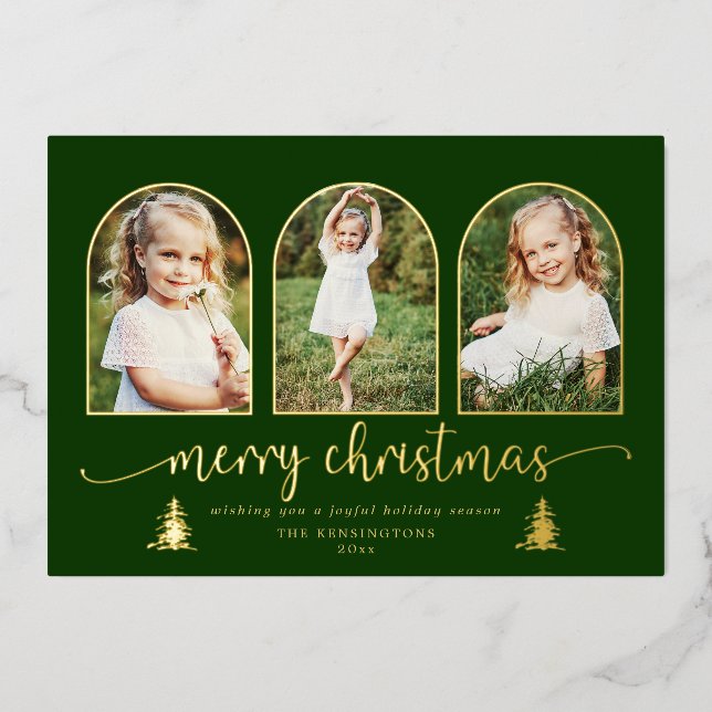 Gold Foil Trees 3 Arch Christmas Photo Foil Holiday Card (Front)