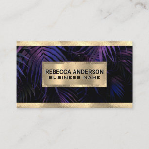 Gold Foil Trim Purple Palm Leaves Business Card
