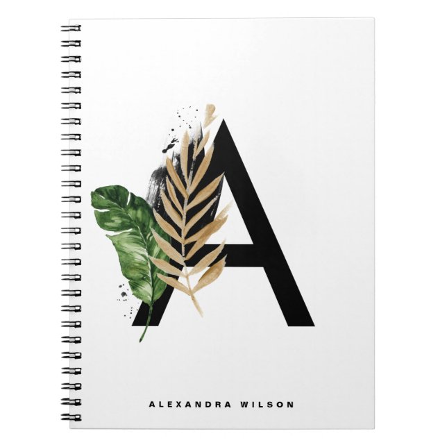 Gold Foil Tropical Letter A Monogram Custom Notebook (Front)