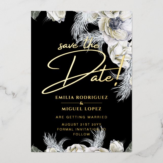 Gold Foil Tropical Pampas Grass Wedding Save Date (Front)