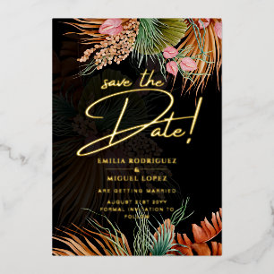 Gold Foil Tropical Pampas Grass Wedding Save Date