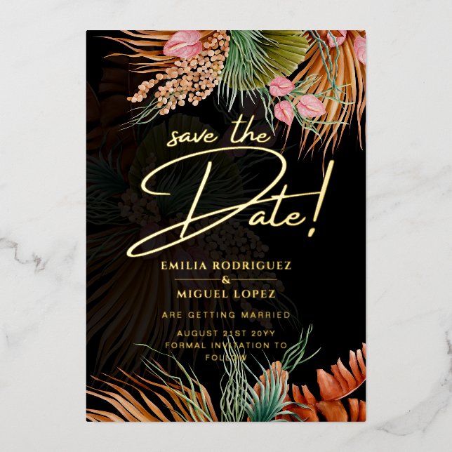 Gold Foil Tropical Pampas Grass Wedding Save Date (Front)