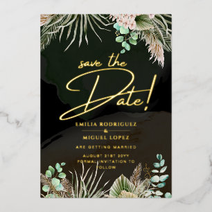 Gold Foil Tropical Pampas Grass Wedding Save Date