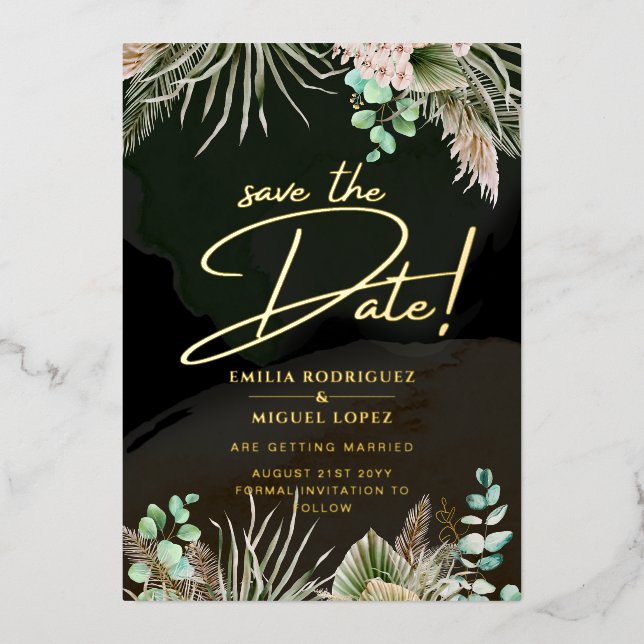 Gold Foil Tropical Pampas Grass Wedding Save Date (Front)