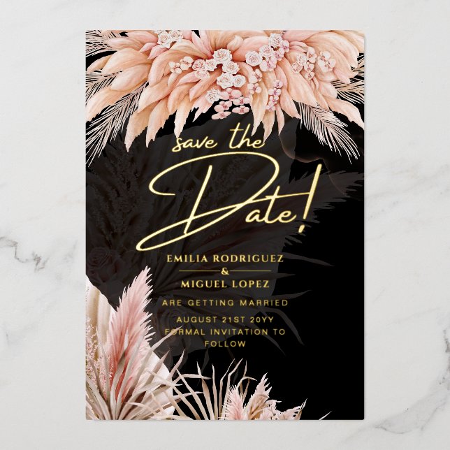 Gold Foil Tropical Pampas Grass Wedding Save Date (Front)