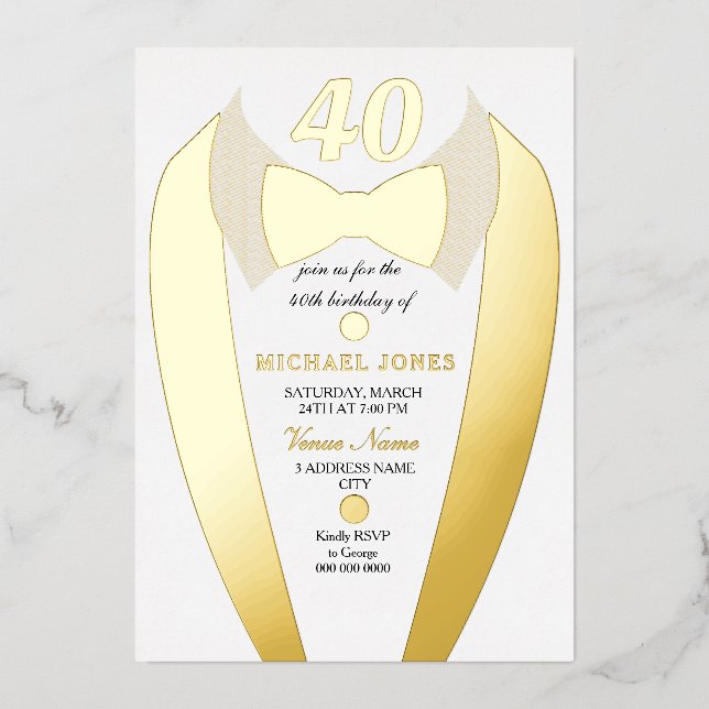 Gold Foil Tuxedo Suit Mens 40th Birthday Party (Front)