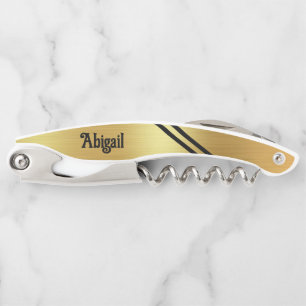 Gold Foil Two Black Accent Stripes Personalised Corkscrew