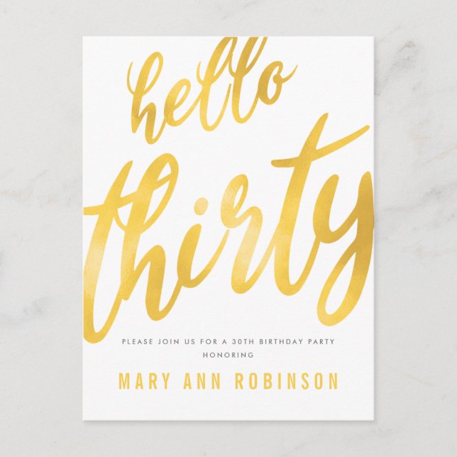Gold Foil Type 30th Birthday Party Invitation Postcard (Front)
