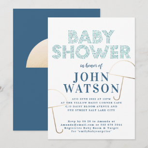 Gold Foil Umbrella Blue and White Baby Shower Invitation