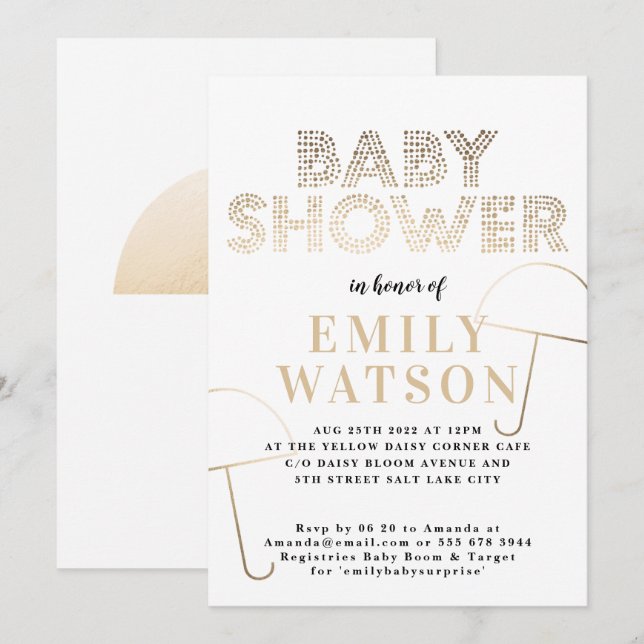 Gold Foil Umbrella White Baby Shower Invitation (Front/Back)