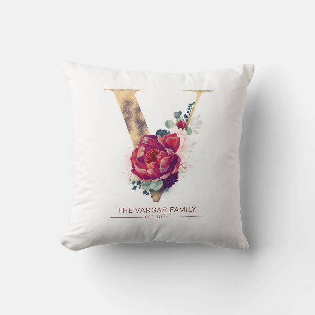 Gold Foil V Monogram Floral Burgundy Red Cushion (Front)