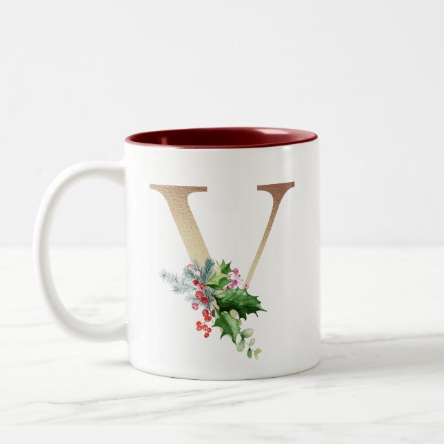Gold Foil V Monogram Pine & Berry  Christmas Two-Tone Coffee Mug (Left)