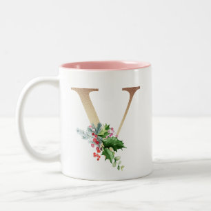 Gold Foil V Monogram Pine & Berry Christmas Two-Tone Coffee Mug