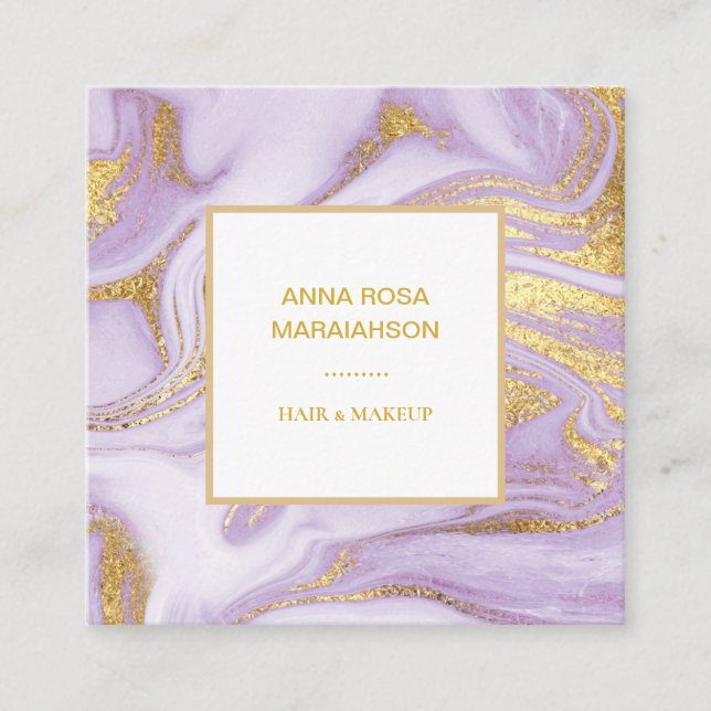 *~* Gold Foil Veins Lavender Marble Chic Trendy Square Business Card (Front)