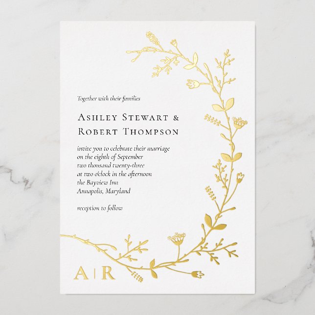 Gold Foil Vine Scroll Modern Wedding Invitation, (Front)